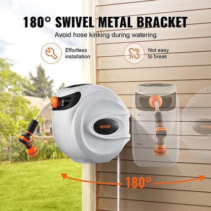 Retractable Water Hose Reel with 180° Wall-Mount Swivel
